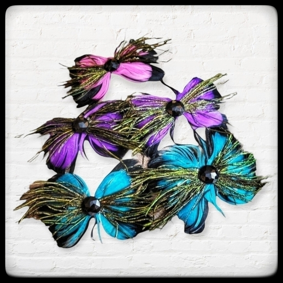 VTG 1980s Fairycore Doll Real Peacock Feather Bow Hair Clip Flamenco Barrettes - Picture 1 of 6